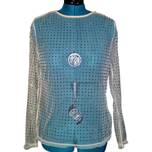 Zenobia Women's Glam Sheer Mesh Long Sleeve Sparkle Studded Top Sexy Tee Blouse - Picture 1 of 6